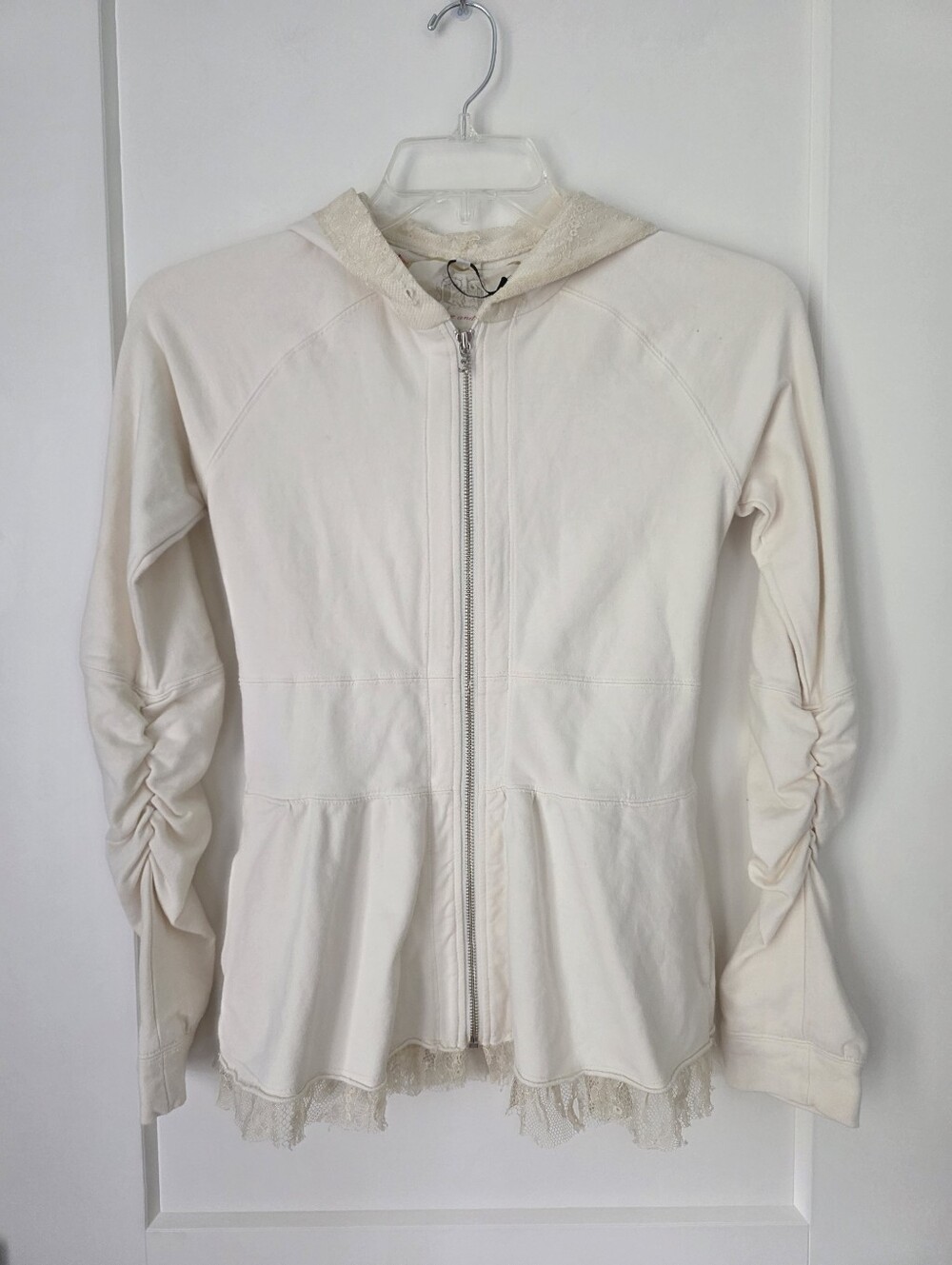 For Love And Liberty Peplum Women's Small Cream Zip-Up Hoodie with Lace Trim